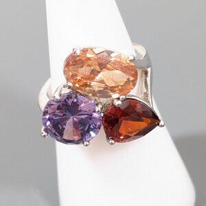 Triple Stone Ring Red Purple Birthstone Cocktail‎ Silver Tone Size 7